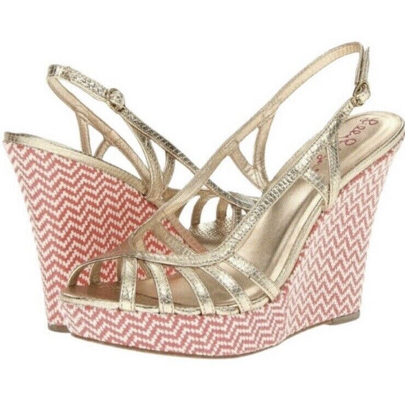 Lilly Pulitzer Shoes - Lilly Pulitzer Sophie Pink and Gold Chevron Wedge Strappy Sandal size 8.5